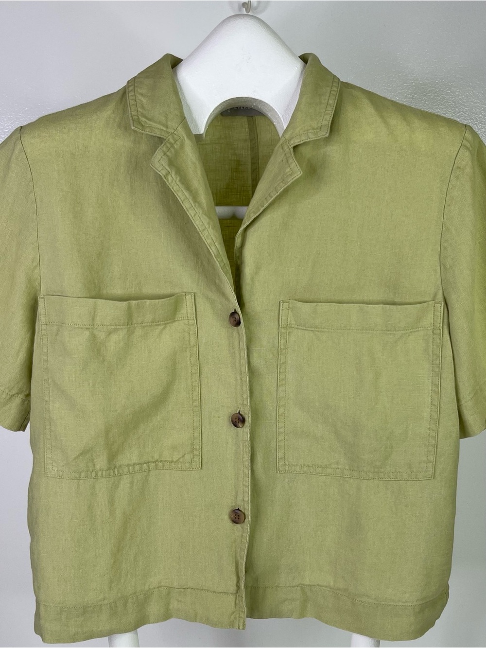 Everlane Womens Linen Short Sleeve Notch Shirt Sage Green S Patch Pockets Top